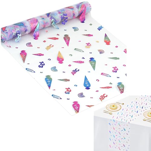 Camino de Mesa para Comienzo del Colegio,28 cm x 5 m Decoración con Bolsitas de Azúcar,ABC 123 Mantel para Niños,Bolsa de Azúcar para Niñas y Niños Envolver Regalos Fiestas