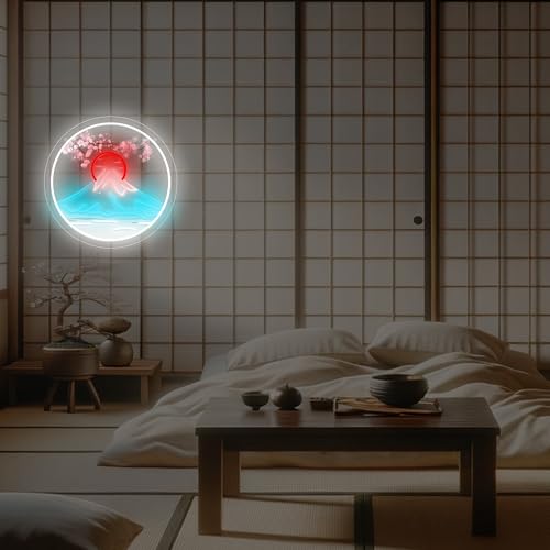 Image of Mount Fuji Sunrise LED Neon Sign with Cherry Blossom, Japanese Sakura Style Wall Decor, USB Powered Neon Light for Bedroom, Living Room & Aesthetic Home Decor Holiday Birthday Gifts
