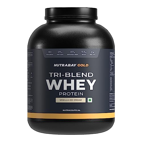 Image of Nutrabay Gold Tri Blend Whey Protein Powder (Hydrolyzed, Isolate & Concentrate) - 25g Protein, 5.6g BCAA, 4.2g Glutamic Acid - 2Kg, Vanilla Ice Cream