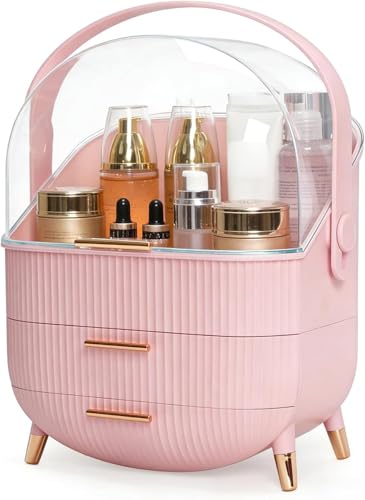 Image of JIALTO Storage Box, Organiser for Makeup & Skincare, Large Makeup Organizer with Dustproof Cover & Drawers, Cosmetic Storage for Dressing Table, Bathroom Vanity Organizer for Lipsticks Perfumes (Pink)