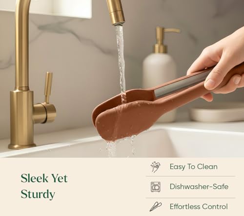 Image of Ember Cookware Silicone Kitchen Tongs | 230C Heat Resistant | Versatile- for Kitchen and Serving| Stainless Steel Core with Food Safe Silicone Grip | Locking Mechanism for Compact Storage |Terracotta
