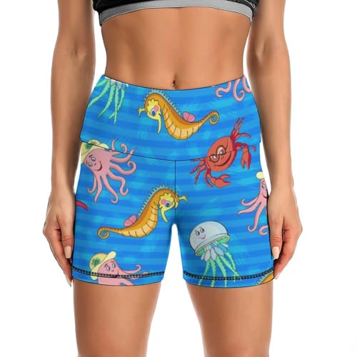 Seahorse Sea Animals World Pattern High Waist Yoga Shorts for Women Athletic Shorts Leggings Running Pants Black