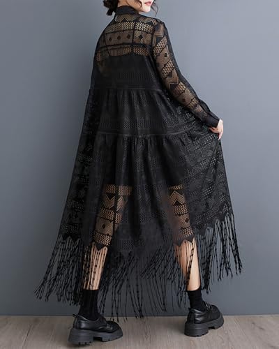 ellazhu Women's Dress Loose Oversize Casual Yarn-fabricated Holiday Maxi Black Lace Solid GZ337 A2