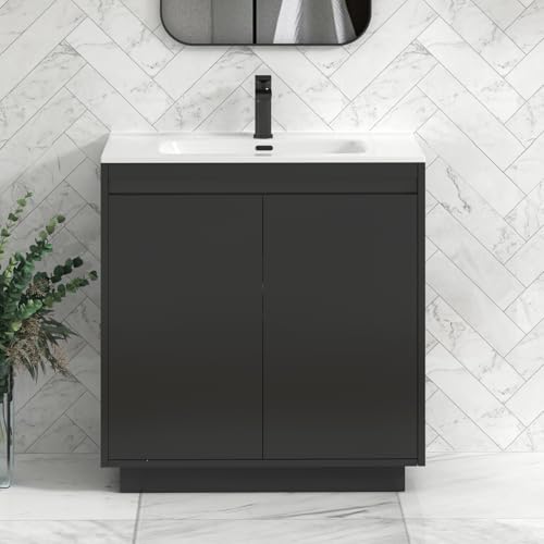 Royal Bathrooms 800mm Jet Black 2 Door Floor Standing Vanity Unit with Ceramic Basin & Black Strip