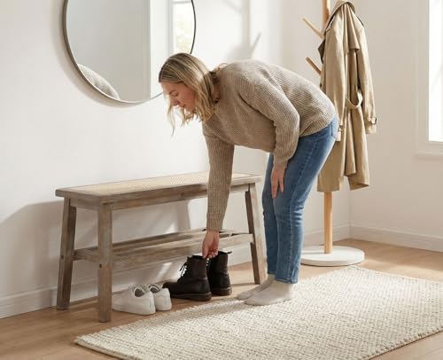 Ya-Home Banco de Cocina de Rattan, Banco Zapatero, Banco Madera Recibidor para Salon/Oficina,Beige - imagen 6