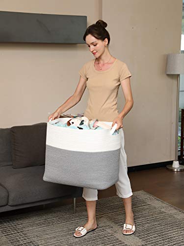 22"X14"X18" Mega Size Rectangular Extra Large Storage Basket, Cotton Rope Storage Baskets, Woven Laundry Hamper, Toy Storage Bin, For Toys Blanket In Living Room, Baby Nursery, Grey #TOP3
