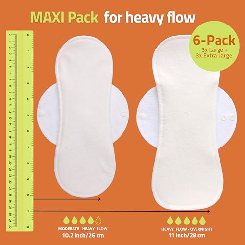 Image of Organic Cotton, High Absorbency Reusable Period Pads for Heavy Flow (6 Pack L+XL) - Leak Proof & Odor Free Cloth Pads for Women - High-Temp Washable, Breathable & Skin-Safe for Menstrual Comfort