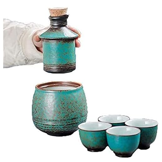 SXRC Set med 6 delar sake-set med varmare gryta, keramisk blå glasyr vinglas set pittoresk struktur, för kall/varm/shochu/te, bästa presenten till familj och vänner