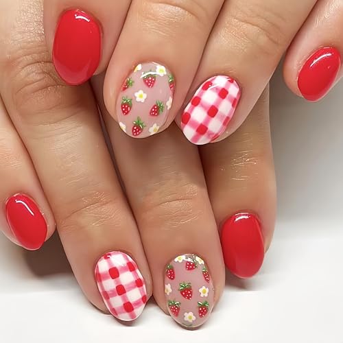24Pcs Summer Strawberry Flower Press on Nails Short Almond Fake