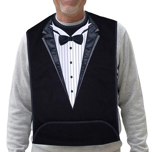 Classy Pal, Adult Bibs for Men, Dress ‘n Dine™ Clothing Protectors for Eating, Senior Adult Bib Terry Cloth Crumb Catcher, Embroidered Design, Waterproof, Reusable, Washable (Tuxedo)