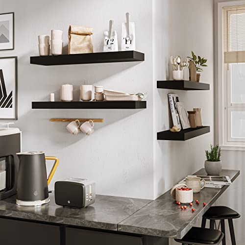 Bameos Floating Shelf ,Wall Shelf,Decor Wall Mounted Shelves ,Hanging Shelf Set L24Xw6 For Bathroom Kitchen Living ,Kitchen,Room Bedroom Storage,Black #TOP4
