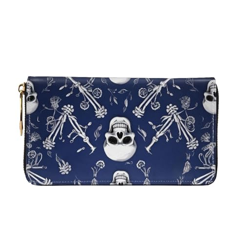 Leather Wallet for Women Men Bifold Wallet Ultra Slim Credit Card Holder Blue Skull and Bones Ladies Clutch Purse3