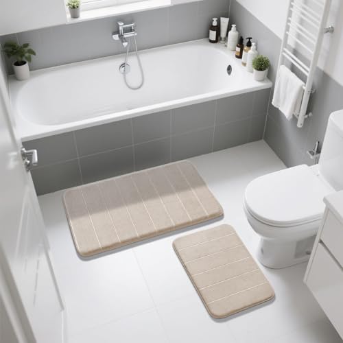 Image of Yimobra Memory Foam Bathroom Rugs Sets 2 Piece - Super Soft Absorbent Quick Dry Bath Mat Set, Machine Washable Non Slip Floor Carpet for Tub Shower & Single Sink (17x24 & 31.5x20 Inch, Beige)
