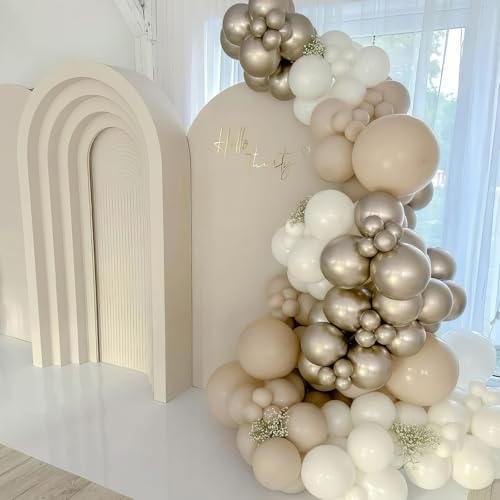 Image of White and Gold Balloons, Double Stuffed Beige Balloons White Sand Gold Neutral Balloon, Ivory Cream White Balloon for Boho Birthday Baby Shower Party Wedding Bridal Shower Anniversary Decorations