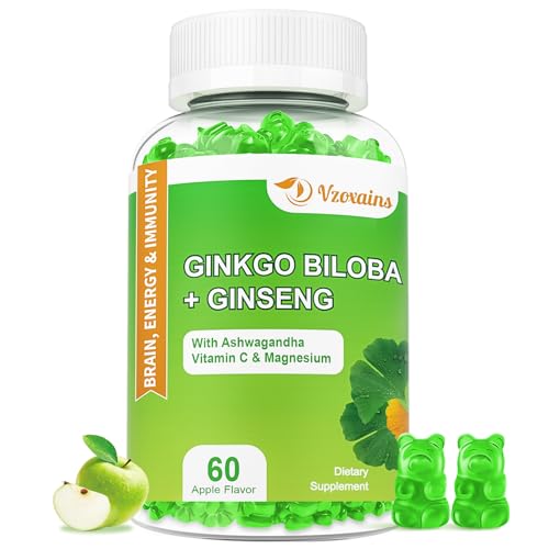 VZOXAINS 240MG Ginkgo Biloba Gummies with Ginseng and Magnesium, Ginko Biloba Supplements Gummies for Brain Focus, Mood and Memory for Adults, 60 Cts