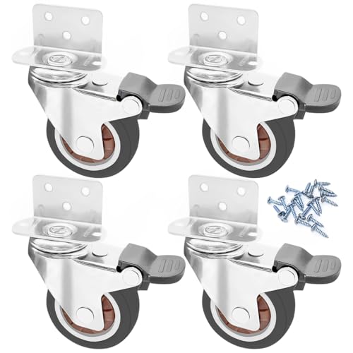 Bponyen 4 Stück Lenkrollen mit Bremse, 50 mm Möbelrollen mit Dicker L-Montageplatte, keine Spuren und Leise Rollen für Möbel, Schwerlastrollen Transportrollen Rollen, für viele Bodenarten
