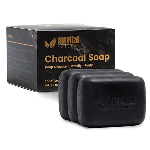 AMVital Natural Charcoal Soap Bars Face & Body Cleansing Bar Set 3-Pack