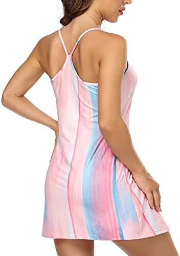 KORALHY Golf Dress for Women, Ladies Round Neck Stretchy Moisture Wicking Activewear Exercise Tennis Yoga Spaghetti Strap Dresses with Built-in Shorts Rainbow Pink Large