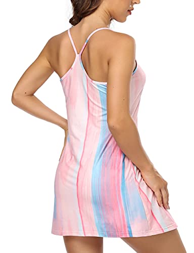 Koralhy Golf Dress For Women, Ladies Round Neck Stretchy Moisture Wicking Activewear Exercise Tennis Yoga Spaghetti Strap Dresses With Built-In Shorts Rainbow Pink Large #TOP16