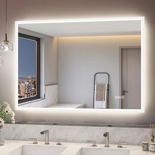 S'bagno Badezimmer-Spiegel-mit-Beleuchtung 100x70cm, LED-Badspiegel-mit-Beleuchtung, Bluetooth, Entfoggen, 3 Farben, Dimmbar, Speicherfunktion, Gehärtetes Glas, IP44 Wasserdicht, Horizontal/