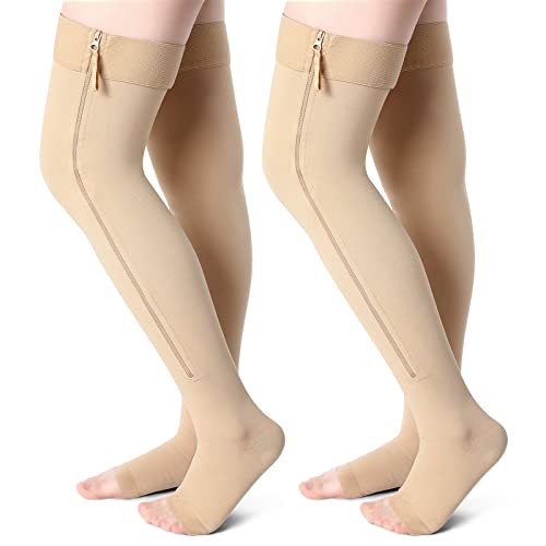 2 Pairs Open Toe Thigh High Zipper Compression Socks 20-30 mmHg Zipper Compression Stockings for Women Men Swelling Edema (Nude, X-Large)