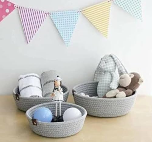 Image of 100% Natural Jute small box mini rope paper storage Round hamper baby nursery tray bucket for Living Kitchen, Office, Drawing Room,fruits, kitchen, office, Set of 3 (GREY)