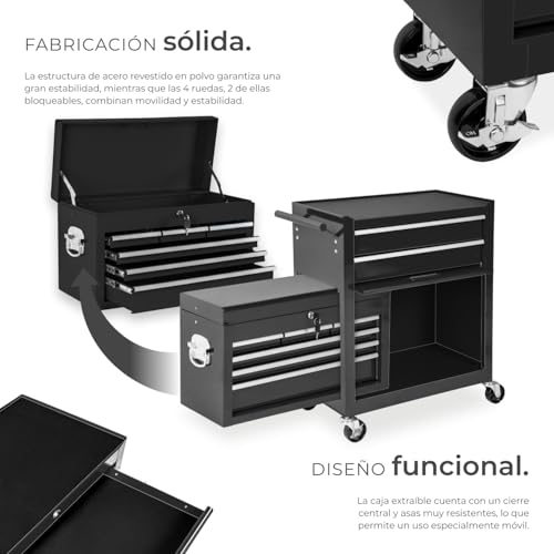 Miniatura 4 de Tectake Carro Herramientas, Cajón Extraíble, Cerradura, 10 Compartimentos, Frenos, Alfombrillas Antideslizantes, Robusto, Carro Taller Completo, Carrito Auxiliar, Organizador Herramientas - Negro