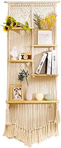 Large Macrame Wall Hanging Shelf (63 in. H x 24 in. W)-5 Tier Staggered Macrame -Boho Home Decor-Tall Ladder Floating Shelves Handwoven Rope/ Plant Shelf Display Rack Wall Organizer