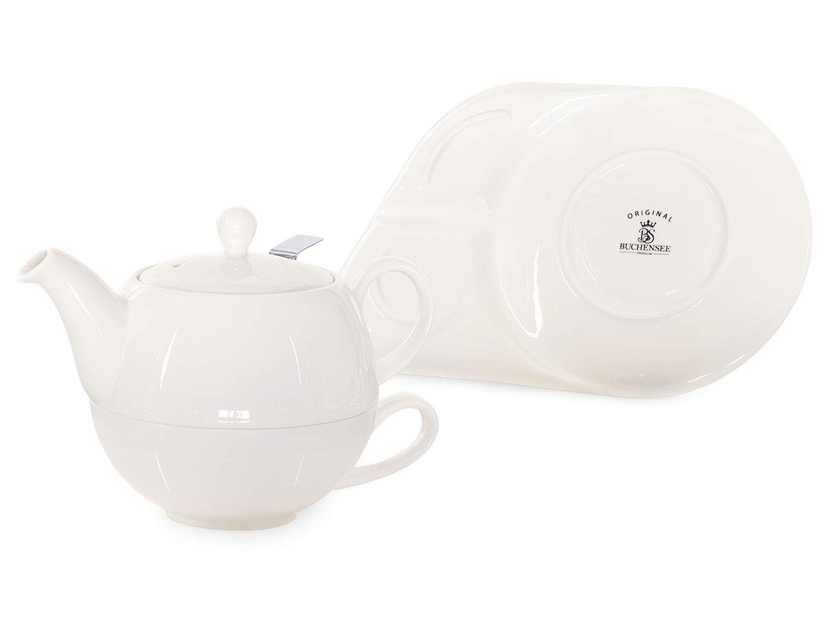 Tea for One mit Sieb Lena 500ml aus Crystal Bone China Porzellan in fein-cremigem Weiß. Teekanne + Teetasse + Untersetzer mit Ablageflächen