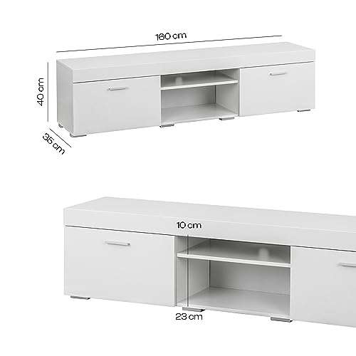 Baroni Home TV-Schrank für Wohnwand mit 2 Türen 2 Einlegeböden, Lowboard mit Loch für Kabeldurchführung aus MDF; TV-Board für Wohn- und Schlafzimmer, Weiß, 160x35x40 cm