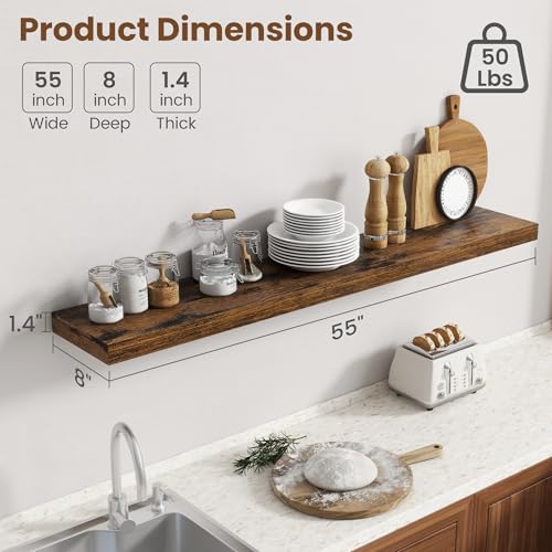 Image of 55 Inch Floating Shelves for Wall, 8 Inch Deep Floating Shelf for Storage & Display, Wall Mounted Shelf with Invisible Brackets for Living Room, Kitchen, Bathroom, Home Decor, Set of 2, Rustic Brown