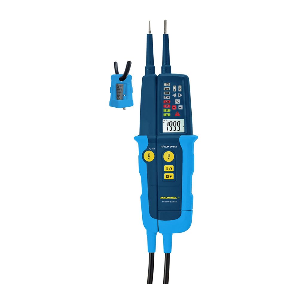 Probador de voltaje y continuidad, 1000V, con pantalla digital y funciones de prueba para verificar circuitos eléctricos y dispositivos.