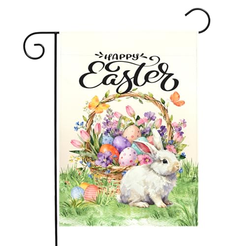 Dacawin Happy Easter Garden Flag with Bunny Basket Spring Tulips Wildflowers Eggs Cute Rabbit Yard Flags Double Sided Welcome Spring Easter Houde Banner for Porch Lawn Patio Holiday Décor 12 x 18 In
