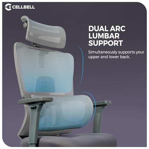 Image of CELLBELL Paris High Back Ergonomic Mesh Office Chair with Adjustable Headrest Armrests Lumbar Support Seat Slider Depth Height Adjustable 3D Arms Chrome Base 60mm Wheels 120kg Capacity (Grey)