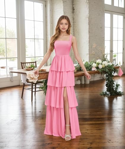Chiffon Junior Bridesmaid Dresses for Teen Girls Tiered Pleated Flower Girl Dress with Slit Wedding Guest Gowns2