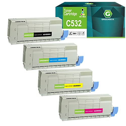 GREENBOX Compatible C532 High Yield Toner Cartridges for Okidata OKI C532 MC573 C532dn C542dn MC563dn MC573dn Printers for 46490604 46490603 46490602 46490601 Cartridges (Black, Cyan, Magenta, Yellow)