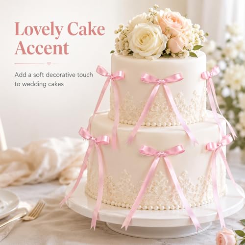 Oeyliz Bow Cake Toppers Pink Ribbon Bows for Cake Pink Bow Cupcake Toppers 30 PCS Pink Bows Cake Decor for Birthday Bridal Weddings Baby Shower Party Decorations — view 3