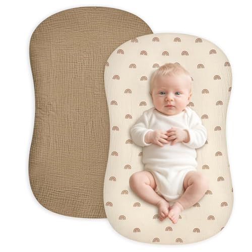 Image of Hooyax Baby Lounger Cover 2 Pack - 100% Muslin Cotton Newborn Lounger Pillow Covers Only, Soft Breathable Infant Lounger Cover with Reinforced Stitching, Fits Most Standard Baby Loungers (Rainbow)