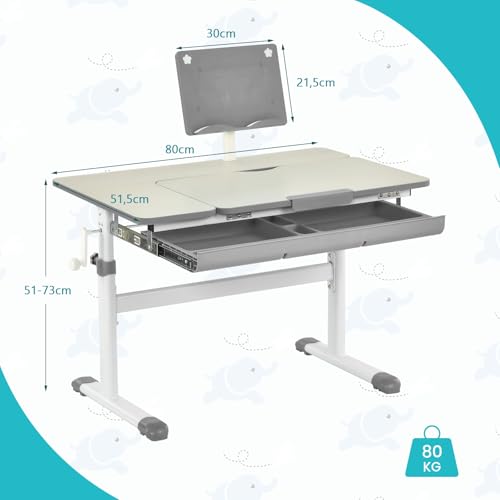 COSTWAY Escritorio Infantil Ajustable en Altura con Tablero Inclinable y Soporte para Libros, Cajón y Regla, Mesa Ergonómica para Niños para Escribir, Dibujar, Leer para Hogar Escuela(Mesa, Gris) - imagen 5