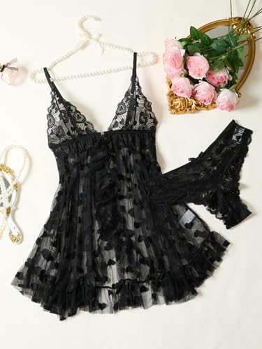 Image of Foxiny Sexy Open Front V Neck Ruffle Sheer Mesh Lace Wireless Babydoll Lingerie Dress with Thong 2 Piece