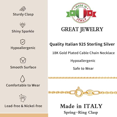Momlovu Solid 18k Gold Over 925 Sterling Silver Chain Necklace for Women, 1.1mm Cable Chain Hypoallergenic Replacement Necklace, Sturdy&Shiny Women's Chain Necklaces 14/16/17/18/20/22/24 Inch2
