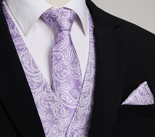 Image of HISDERN Vest and Tie Sets for Men Vests Paisley Floral Jacquard Necktie Pocket Square 3PCS Waistcoat for Suit or Tuxedo