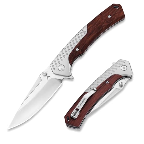 FLISSA Pocket Knife with 3.35' 14C28N Steel Blade, Liner Lock Folding Knife with Wooden Handle for EDC, Camping, Hiking, Outdoor Activities, Gift for Men and Women