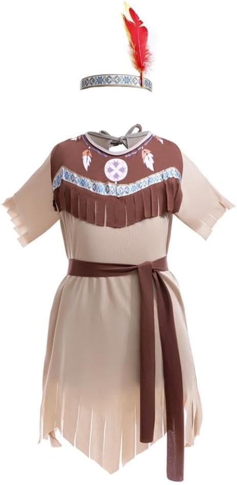 Lito Angels Princess Pocahontas Costume Fancy Dress Up Set with Headband for Kids Girls Age 2-10 Years, Brown