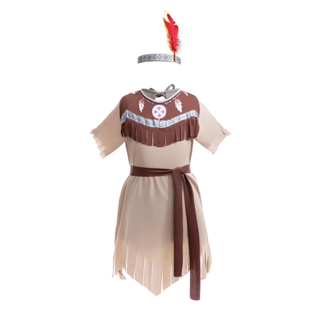 Lito Angels Princess Pocahontas Costume Fancy Dress Up Set with Headband for Kids Girls Age 2-10 Years, Brown