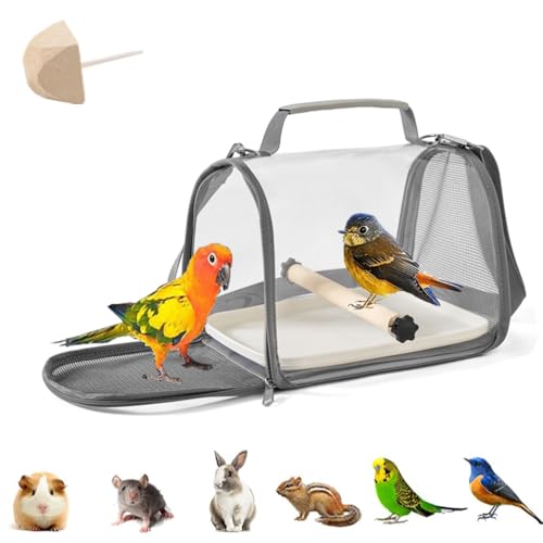 Vogeltragetasche,Reisetragetasche,vollständig transparent,19,5 * 26 * 19cm,tragbarer Vogelträger mit Kunststoffschale,Holzstange,Reisekäfig für kleine Haustiere,1 Backenzahnstein