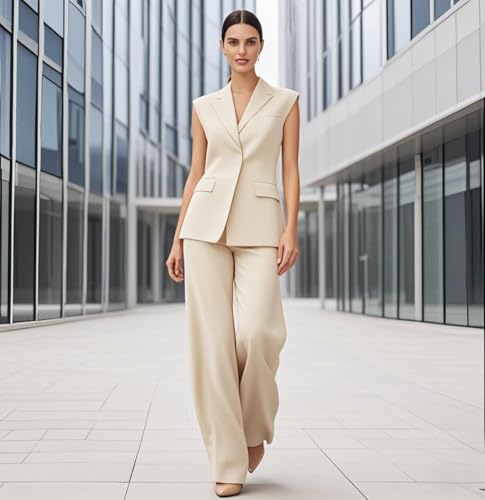 Womens 2 Pcs Outfits Vest and Pants Summer Sleeveless Blazer Tuxedos Set Business Wedding Work2