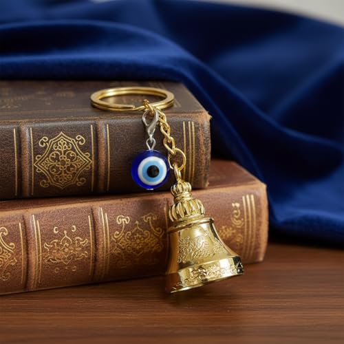 Image of Gold Guardian Bell For Bike Keychain with Evil Eye Charm - Good Luck Motorcycle Bell for Riders | Protective Biker Gift for Men, Women, Friends & Loved Ones | (Shiny Golden with Evil Eye)