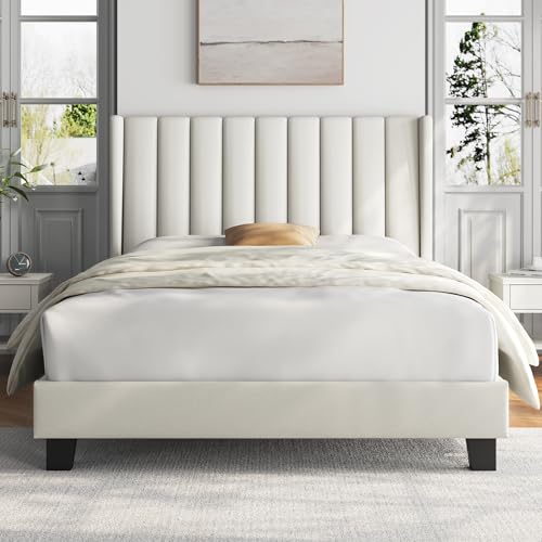 Yaheetech Double Bed with Wooden Slats and Soft Headboard