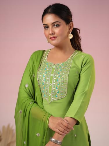 Image of GoSriKi Women's Cotton Blend Embroidered Kurta Set with Pant & Dupatta - Straight Calf‑Length, 3 /4 Sleeve, Round Neck - Elegant Ethnic Attire (5 Colors, S-5XL)
